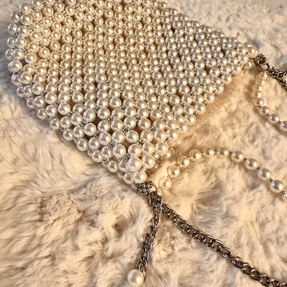 Zara White Pearl Clutch with Silver Chain